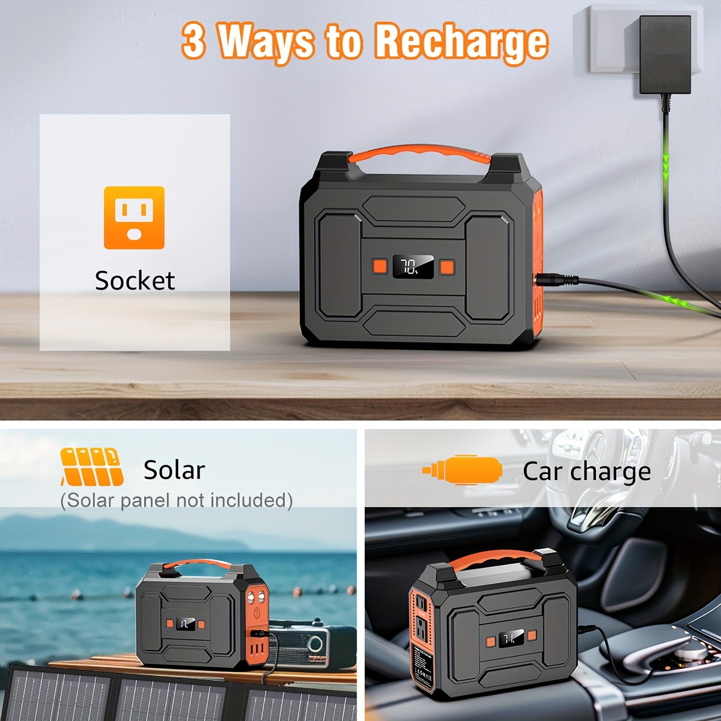 300W/100W Portable Power Station Solar Generator, (Solar Panel Optional), 146Wh/260Wh/296Wh High Capacity Battery Pack, With 2x 110V AC Outlet, DC USB C Port, LED Light, Power Bank For Outdoor Camping Hiking Road Trip Cycling