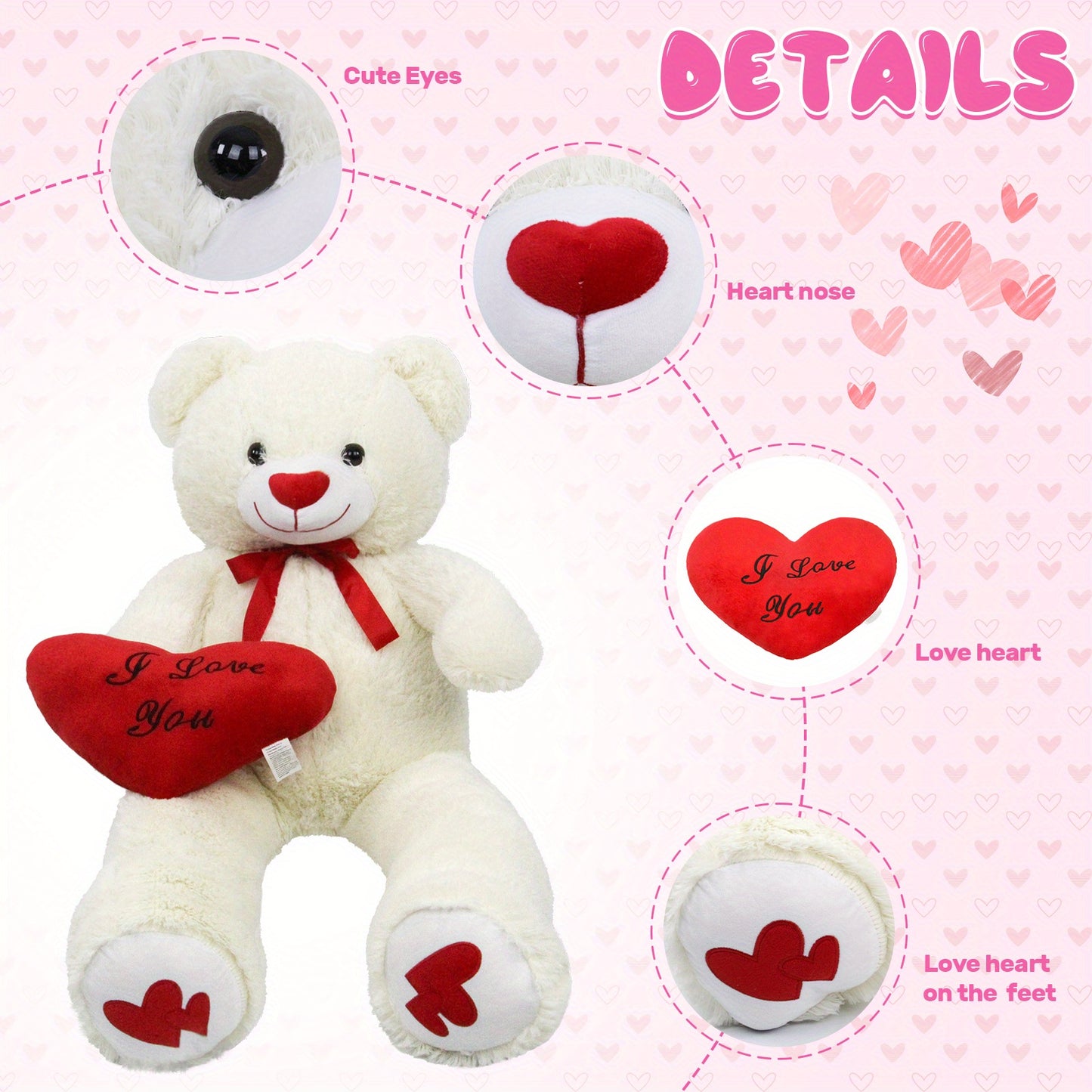 53" Big Teddy Bear Stuffed Animals with Footprints And 14" Heart-shaped Plush Pillow Plush Toy for Girlfriend (White Pink Brown Blue Purple), Stuffed Animals, Huge Stuffed Animal, Small Stuffed Animals, Cuddly Companion, Gift