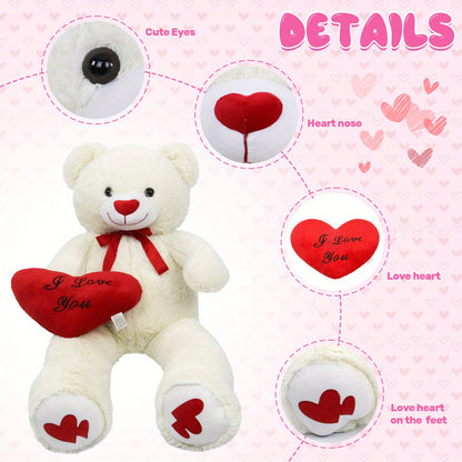 53" Big Teddy Bear Stuffed Animals with Footprints And 14" Heart-shaped Plush Pillow Plush Toy for Girlfriend (White Pink Brown Blue Purple), Stuffed Animals, Huge Stuffed Animal, Small Stuffed Animals, Cuddly Companion, Gift