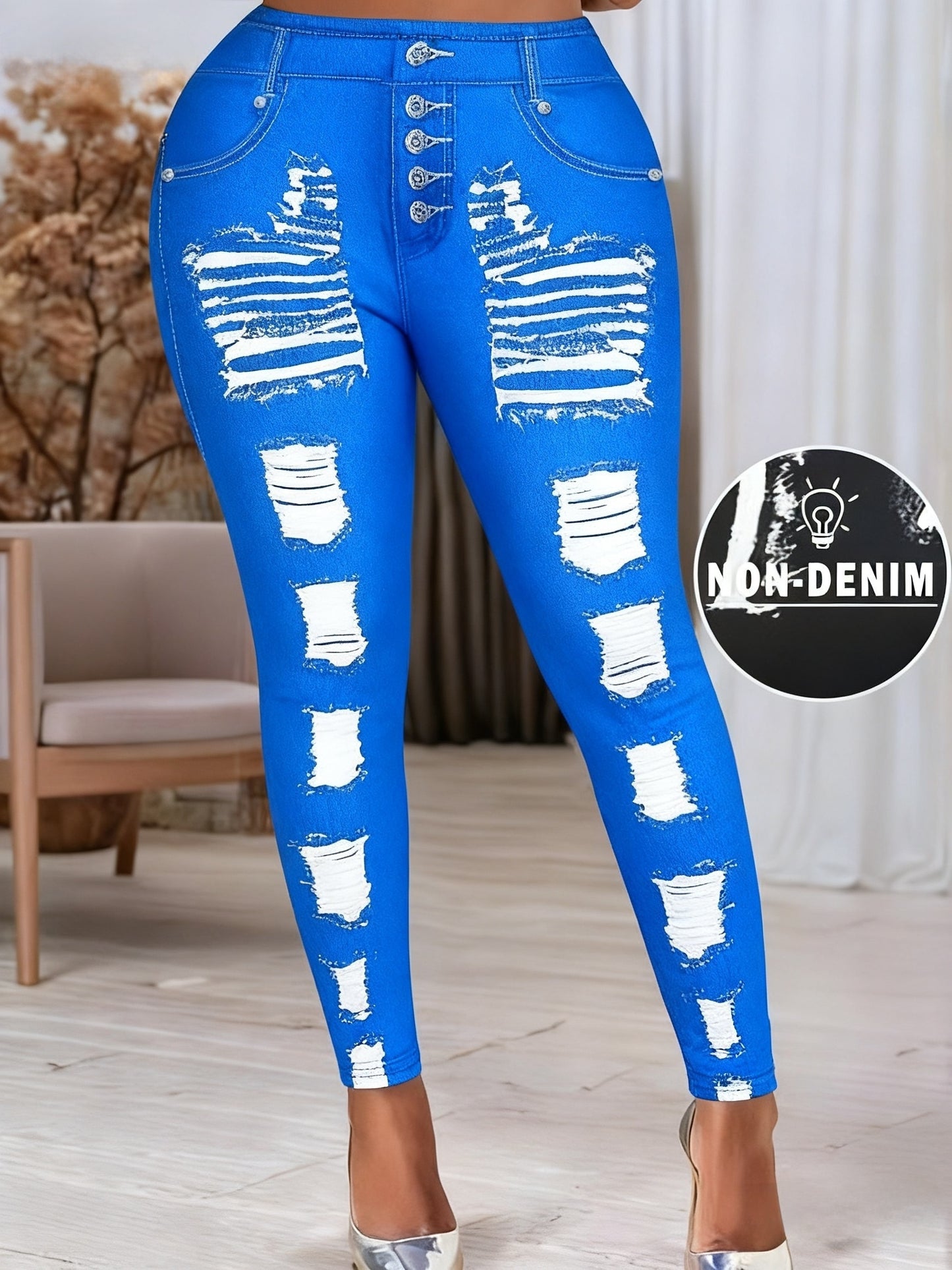 [Printed Pants - Not Denim Fabric] Printed Legging - Not Denim Fabric - Christmas Plus Size Women's Digital Print Denim-Look Leggings, Stretch Polyester, All-Season Casual Slim-Fit Pants, Regular Fit, Adult Sizes, Machine Was