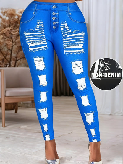 [Printed Pants - Not Denim Fabric] Printed Legging - Not Denim Fabric - Christmas Plus Size Women's Digital Print Denim-Look Leggings, Stretch Polyester, All-Season Casual Slim-Fit Pants, Regular Fit, Adult Sizes, Machine Was