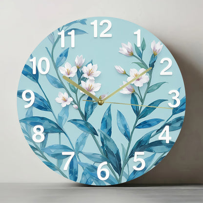 Modern Large Face Wall Clock with Pastel Green-Blue Leaf & Golden Hands - Large Black Numerals, Round Silent Non-Ticking Battery-Powered (No AA Batteries Included) - Large White Face for Living Room, Bedroom,,, 2D Flat