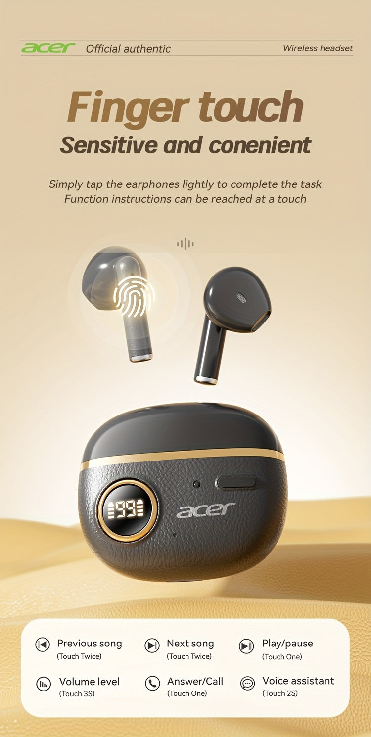 ACER TWS Wireless Earbuds with Deep Bass Stereo + Call Noise Cancellation, Long-Lasting Comfort, HIFI Sound, Lightweight Touch Design, Classic Retro Style, Non-Painful Wear for Sports, Running, Learning, Business, Music - Chr