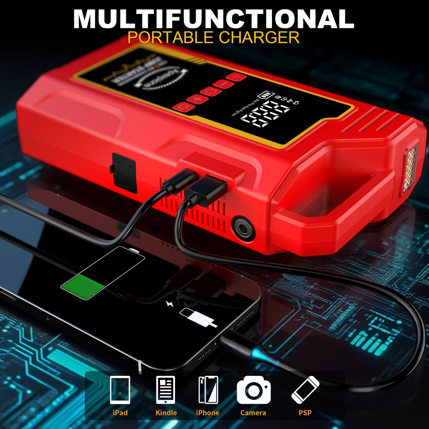15000A Jump Starter Peak 12V Portable Car Jump Starter | With Air Compressor, LED Light, Battery Charger, Cart Battery Charger, Tire Inflator, Essential Car Rescue Tools For Families, Gift, USB Charging, Digital Display