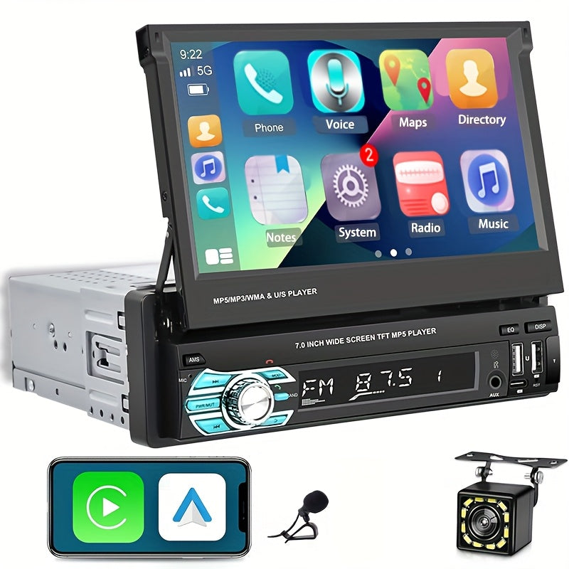 Podofo Wireless Carplayer - Single Din Car Stereo - 7 Inch HD Flip Out Touchscreen Car Radio - with Wireless Car Player Android Auto, Wireless, Type-C/USB/TF/AUX, SWC, FM, Voice Control, Backup Camera