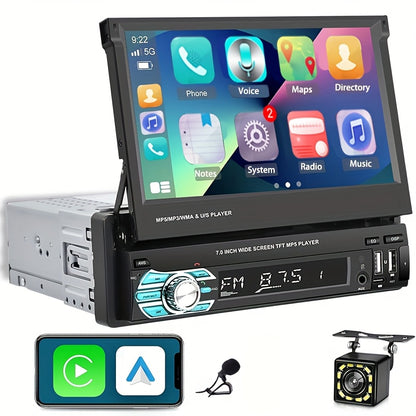 Podofo Wireless Carplayer - Single Din Car Stereo - 7 Inch HD Flip Out Touchscreen Car Radio - with Wireless Car Player Android Auto, Wireless, Type-C/USB/TF/AUX, SWC, FM, Voice Control, Backup Camera