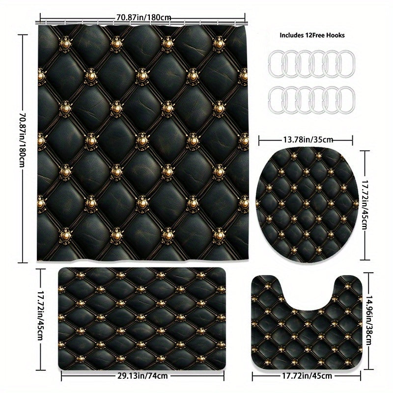 Set of 4 Luxurious Black And Golden Shower Curtains Featuring an Intricate Button Design - Comes with a U-Pad, Cover Cap, And Two Hooks - Made from Polyester, Measuring 31.5X31.5inch, Perfect for Elegant Bathroom Decor, Styli