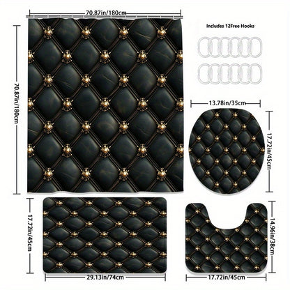 Set of 4 Luxurious Black And Golden Shower Curtains Featuring an Intricate Button Design - Comes with a U-Pad, Cover Cap, And Two Hooks - Made from Polyester, Measuring 31.5X31.5inch, Perfect for Elegant Bathroom Decor, Styli