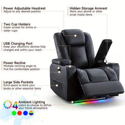 Power Recliner Sofa with Adjustable Headrest & LED Ambient Light & Hidden Storage & USB Ports for Living Room Home Theater