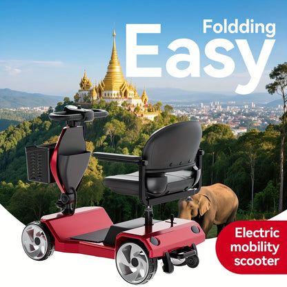 Foldable 4-Wheel Electric Scooter for Seniors with 16-Mile Range, 250W Motor & 15 km/h Speed - Heavy-Duty Metal Frame, LED Headlight & Removable Storage Basket, Lightweight Portable Design Fits in Car Trunk, All-Terrain Tires