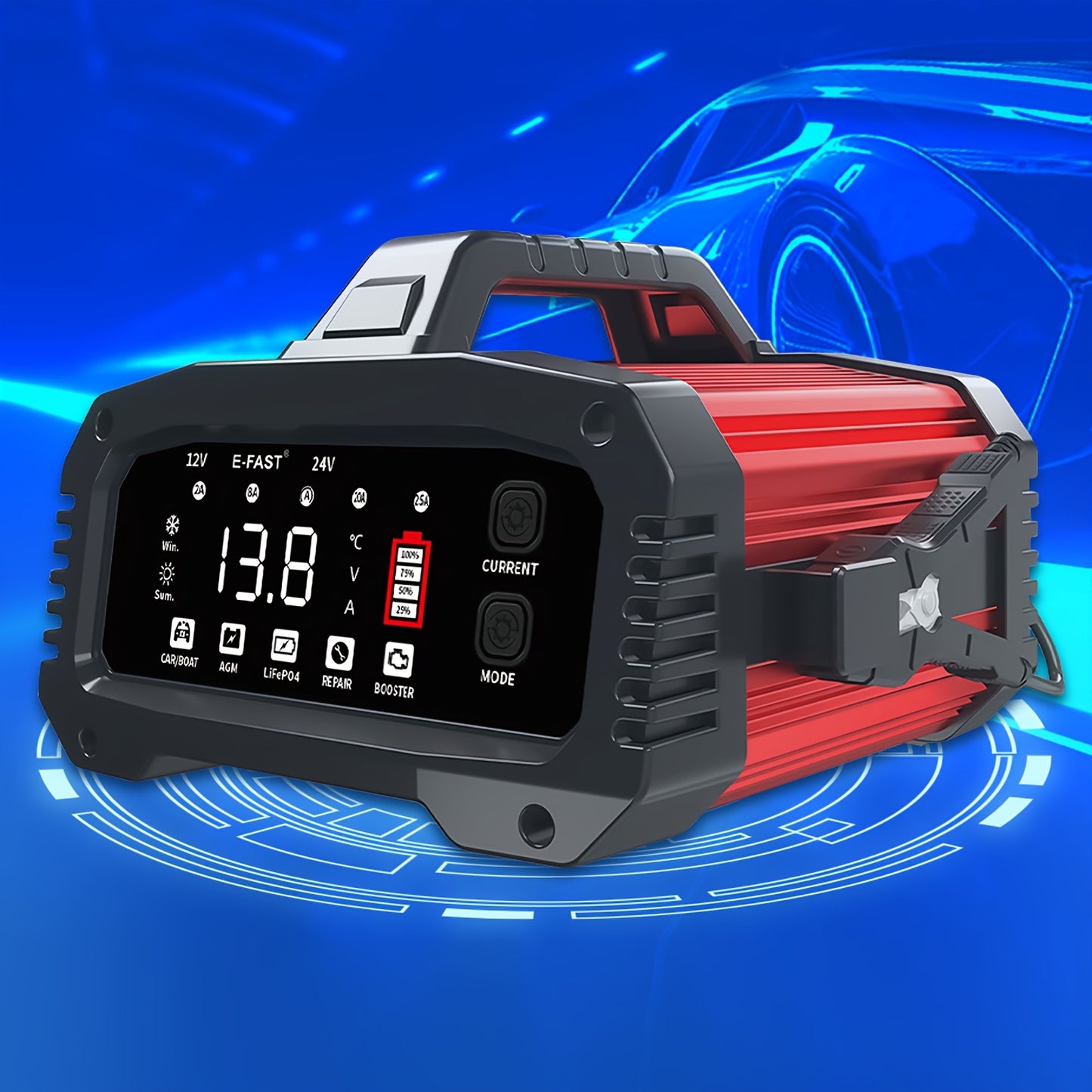 TK-2500 Heavy-Duty 12V/24V 25A/15A Automatic Battery Charger with 200-Second Jump Start, & Power Adapter (110-240V) for Cars, Trucks, Motorcycles, RV, Boat - Smart System (Battery Not Included)