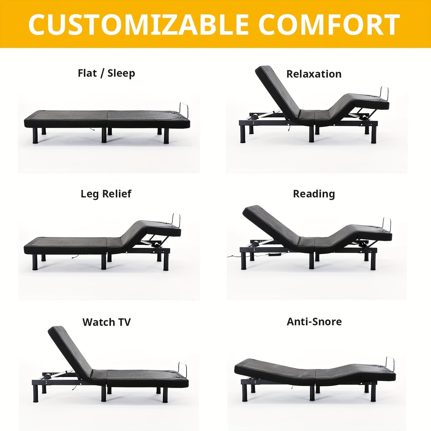 SmileBack Adjustable Bed Frame With Wireless Remote, Electric Bed Frame, Head And Foot Incline, Adjustable Leg Heights Bed Base