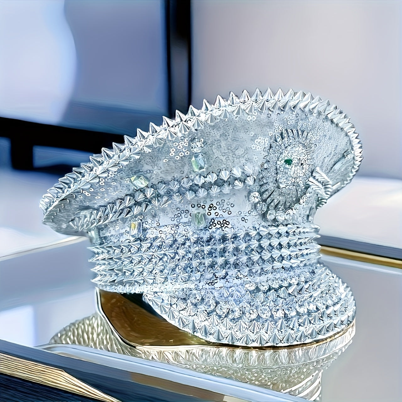 Steampunk Rhinestone Captain Hat with Shiny Lion Emblem - Sparkling Military Party Hat for Raves, Burning Man Music Festivals, and Carnivals - Glitter Silver Costume Accessories for Women and Men, Polyester Material, Carnival