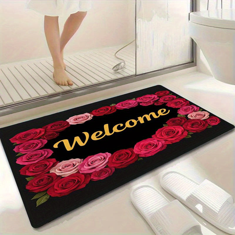 1pc Non-Slip Welcome Doormat - Red Roses & Welcome Golden Lettering on Black Background, High Quality Bathroom Mat, Entryway Mat, Camping Floor Mat - Machine Washable Rubber Backing for Indoor/Outdoor Use - Perfect for Christ