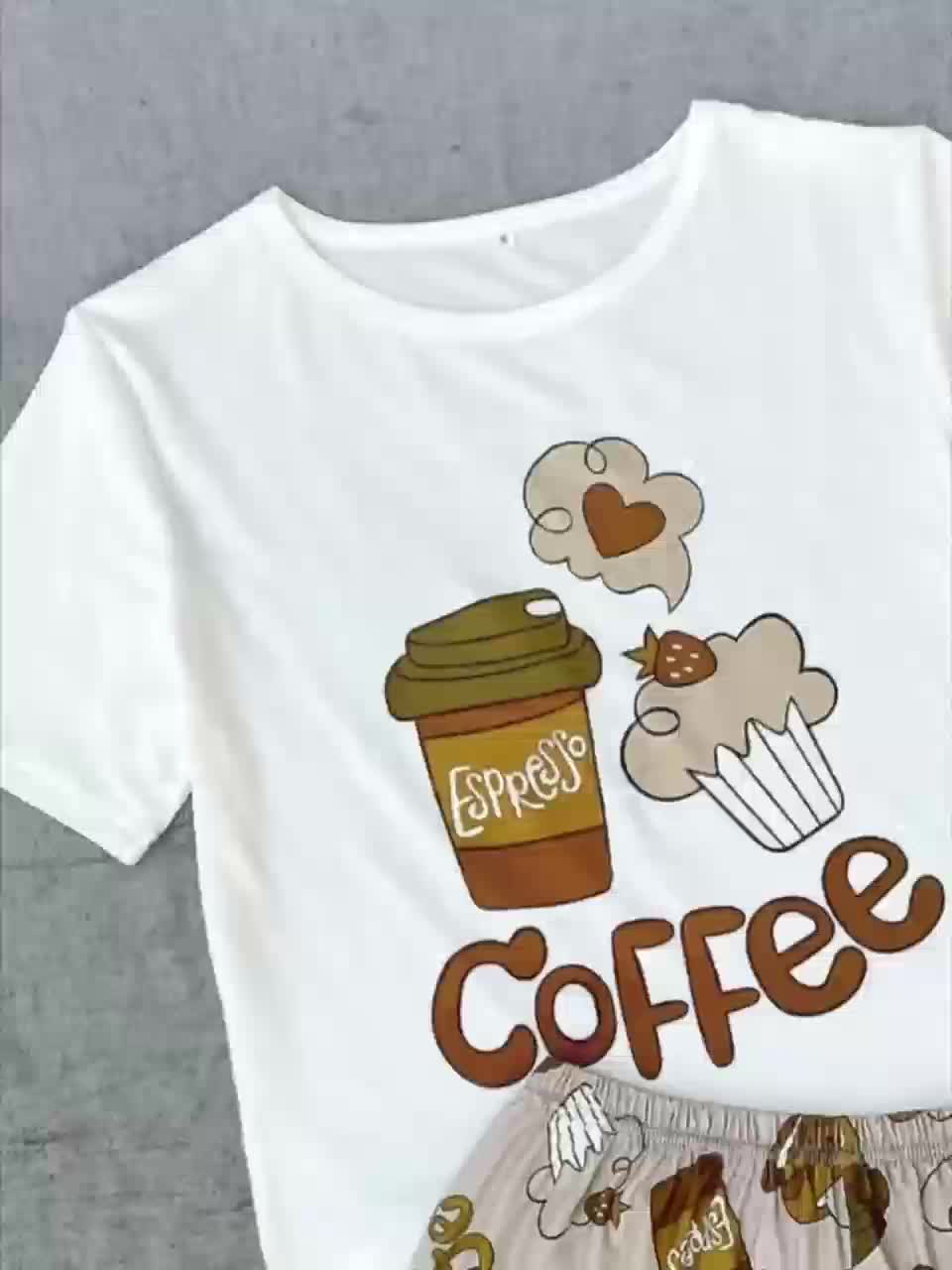 Women's Pajama Set with Milk Tea Cartoon Print, Polyester, Suitable for All Seasons, Casual Round Neck Comfortable Home Wear
