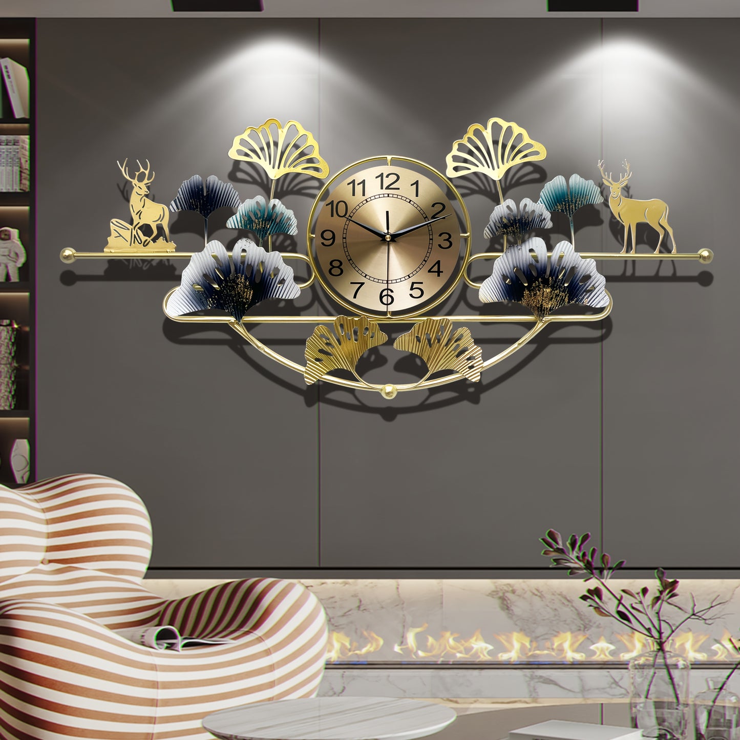 3D Creative Wrought Iron Wall Clock for Bedroom Living Room, 32.68in x 14.57in Ginkgo Leaf Silent Wall Clock, Wrought Iron Decor Gift, Large Black Golden Green for Dining Room