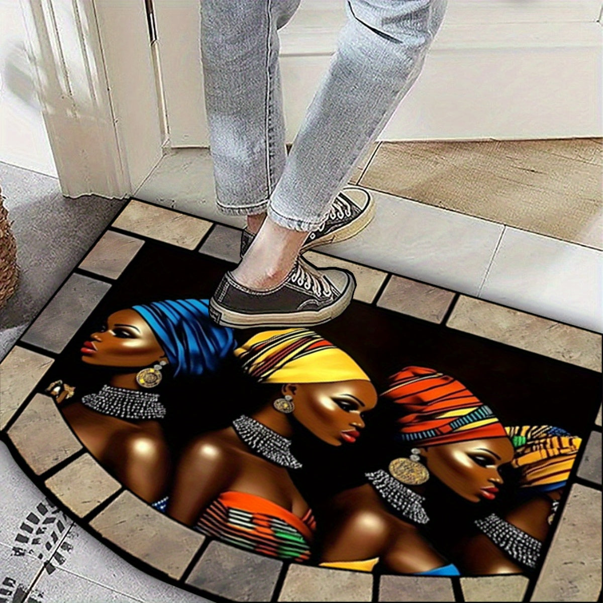 1pc African Tribal Door Mat - Heavy-Duty 850gsm Thick Mat with African Women & Tribal Patterns, /BrownRed/Orange - for Home Gym, Entryway - Machine-made Polyester Mat - Ideal For Halloween, Christmas, Thanksgiving, New Year'S