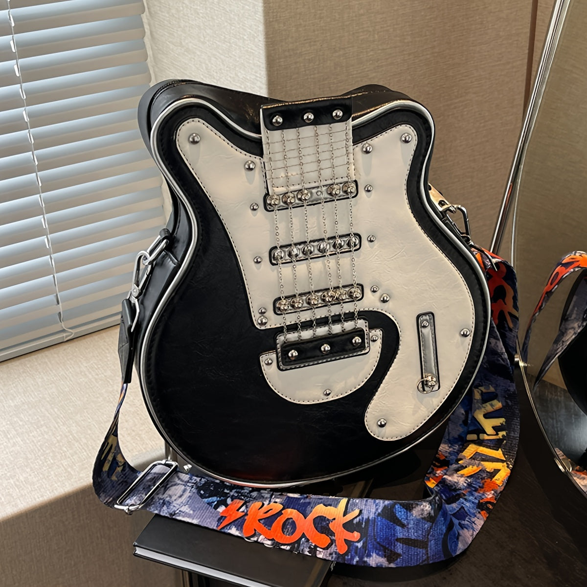 Y2K Retro Guitar Crossbody Bag - Lightweight Shoulder Bag with Chain & Rivet Accents, Removable Strap, Zipper Closure, Polyester Lining for Street Fashion & Daily Use, Musicthemed Accessory, Durable Zipper Closure