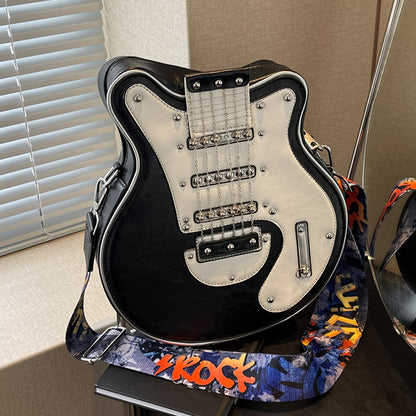Y2K Retro Guitar Crossbody Bag - Lightweight Shoulder Bag with Chain & Rivet Accents, Removable Strap, Zipper Closure, Polyester Lining for Street Fashion & Daily Use, Musicthemed Accessory, Durable Zipper Closure