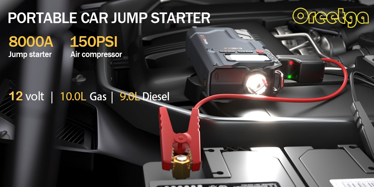 9000A Car Battery Jump Starter - Portable Power Pack with Extended Smart Jumper Cables, Quick Charge, Large Display, LED Lights, And Safety Protections for (All Gas/3.17gal Diesel) Engines, Start The Car Quickly, Jump Starter