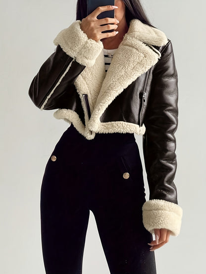 Vintage Street-Style Zip-Up Jacket with Rollable Cuffs, Teddy Lining, Made of, Perfect for Motorcycle Riding.