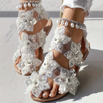 Adorable Summer Flip Flops Featuring Pearl Flower Sequins And Rhinestones - Anklet Sold Separately.