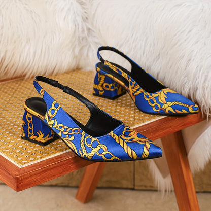 Women's Luxury Golden Chain & Greek Key Print High-Heeled Sandals - Thick Block Heels, Pointed Toe, Black & Golden s with T-Bar Strap & Buckle Closure, Comfortable Sole for Parties, Weddings, - Euro-American Style Elegant