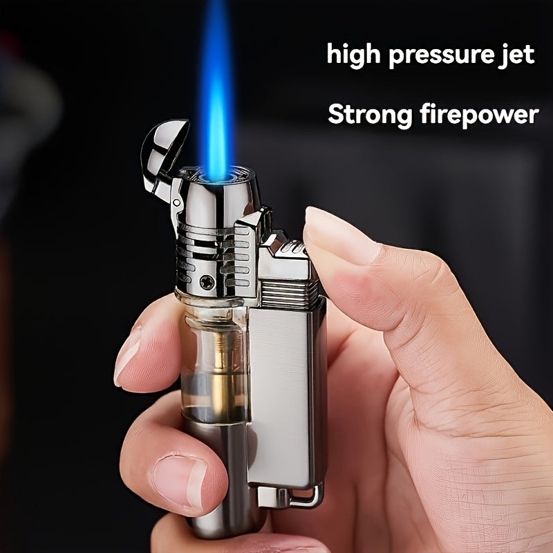 This Is a Windproof Inflatable Lighter Designed with a Creative Transparent Gas Box And a Round Machine, Featuring a Cover And No Butane