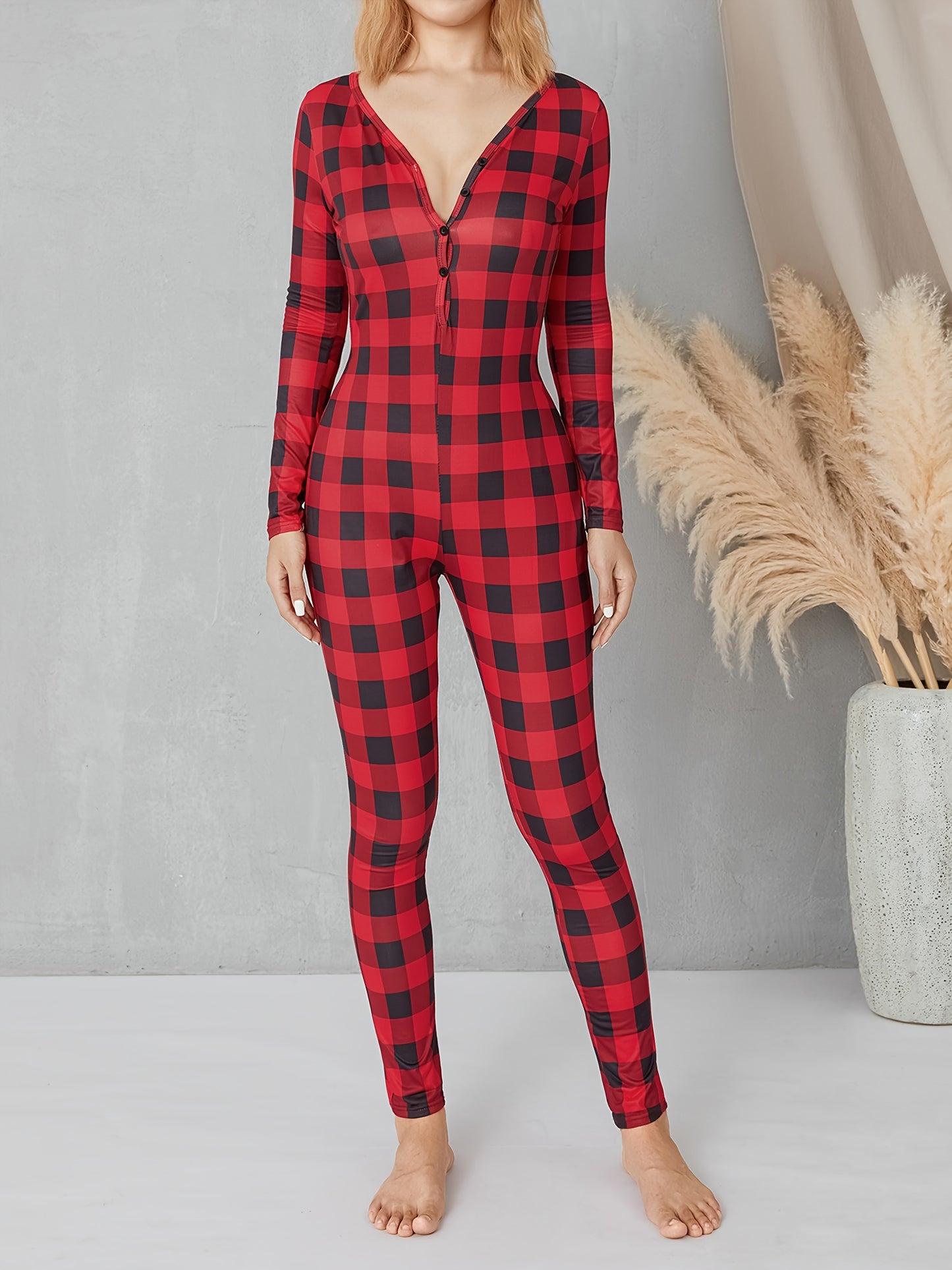 Women'S Red & Plaid Rhombus Print Christmas Jumpsuit - Sexy Bodycon Long Sleeve V-Neck Button-Front Romper with Long Pants, Cozy Winter Sleepwear & Holiday Party Outfit, Festive Pajamas for Adults
