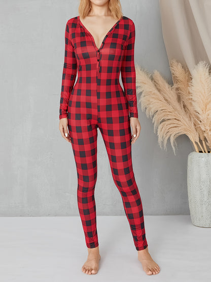 Women'S Red & Plaid Rhombus Print Christmas Jumpsuit - Sexy Bodycon Long Sleeve V-Neck Button-Front Romper with Long Pants, Cozy Winter Sleepwear & Holiday Party Outfit, Festive Pajamas for Adults