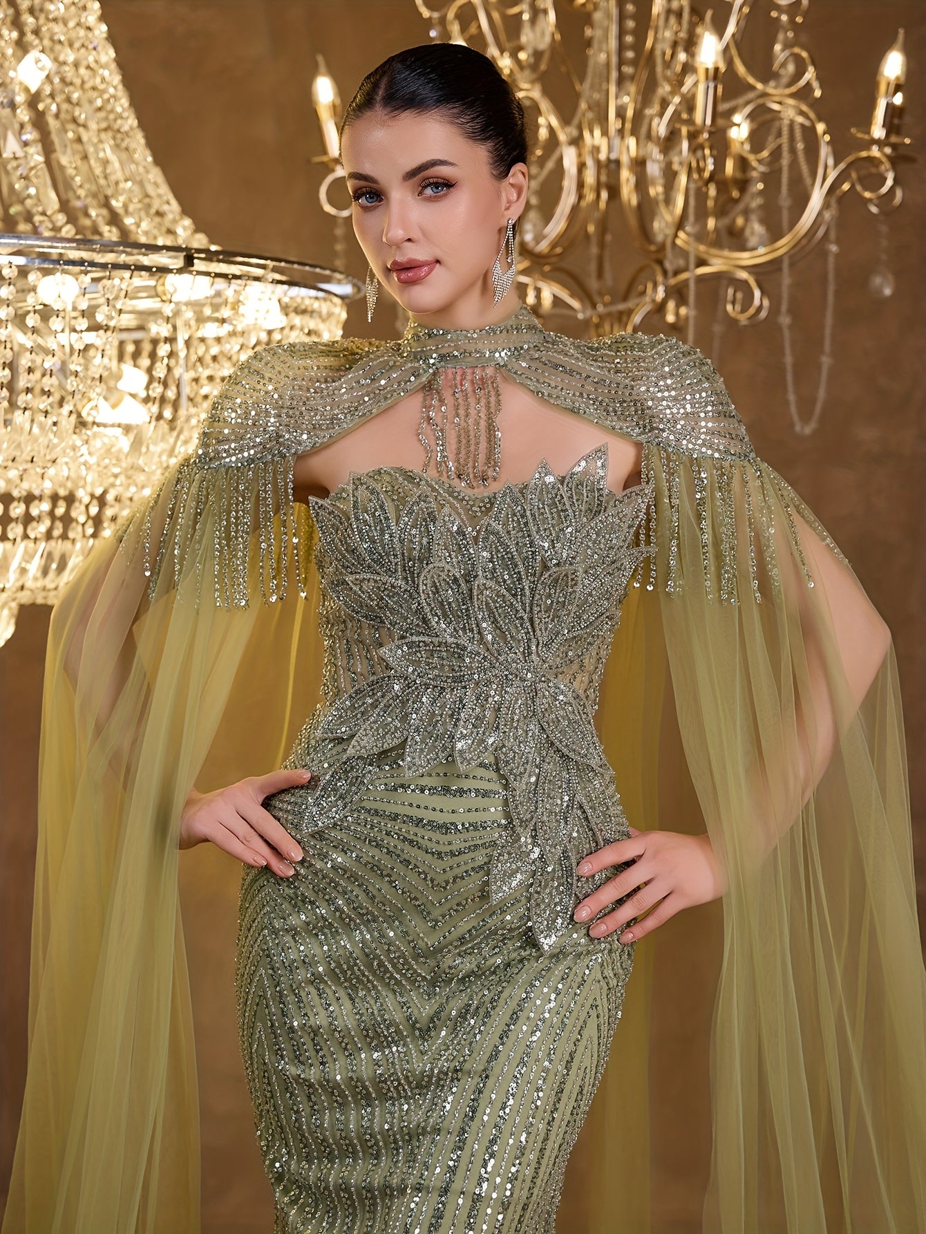 An Elegant And Sexy Evening Gown Featuring a High Neckline, 3D Petal Appliqués, And Flowing Tassels, Adorned with Sequins And Lace on The Bodice