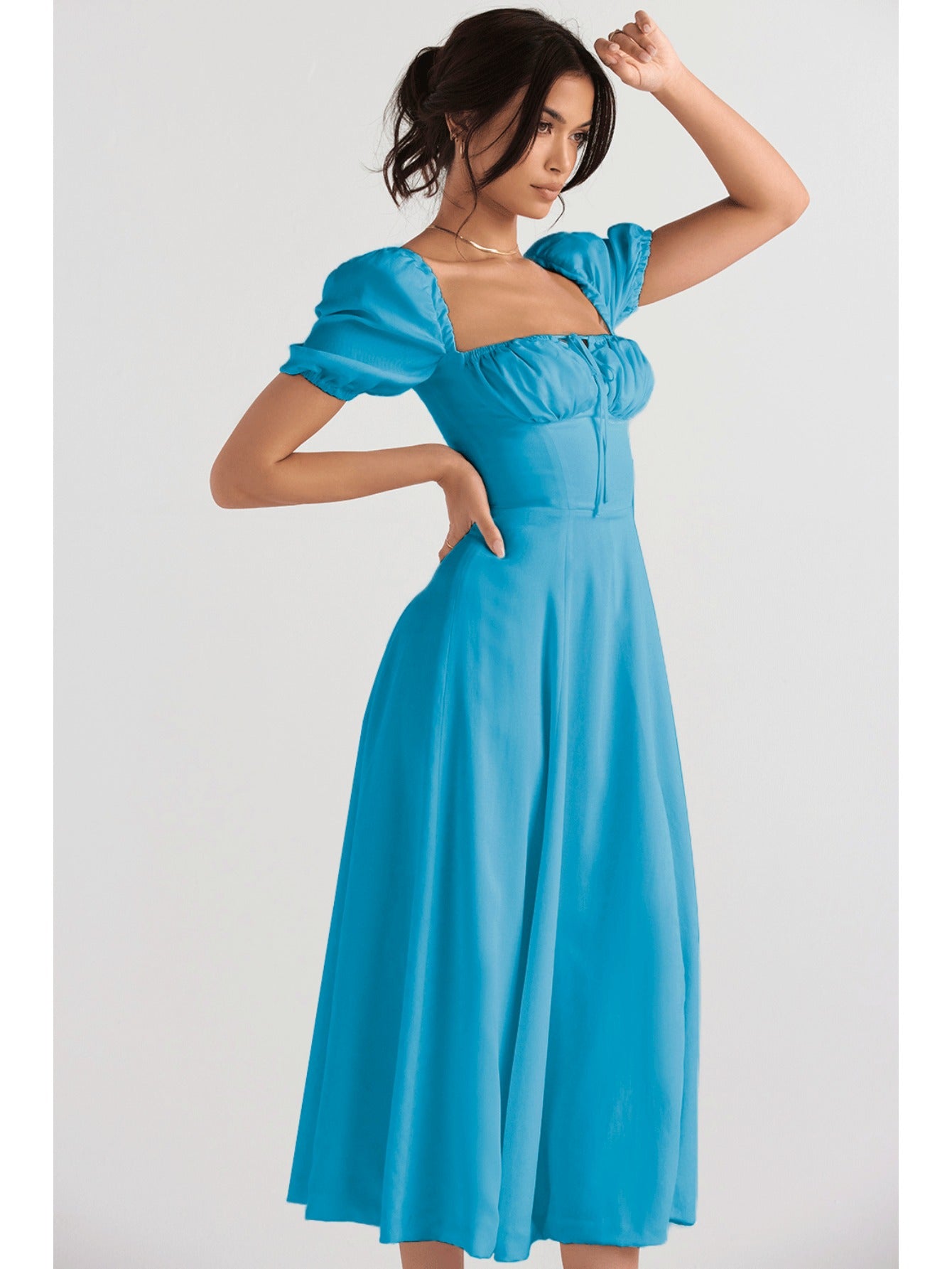 Elegant Puff Sleeve Tie-Waist Dress | High Waist Design, Off the Shoulder, Solid Color, Flared Hem, Midi Length for Spring/Summer Fashion