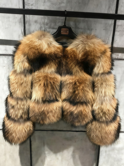 GlOURI Women's Brown Faux Fur Cropped Jacket - Luxurious Plush Oversized Vegan Coat, H-Line Short Winter Jacket for Parties, Evening Events & Streetwear | Hand Washable Non-Stretch Outerwear