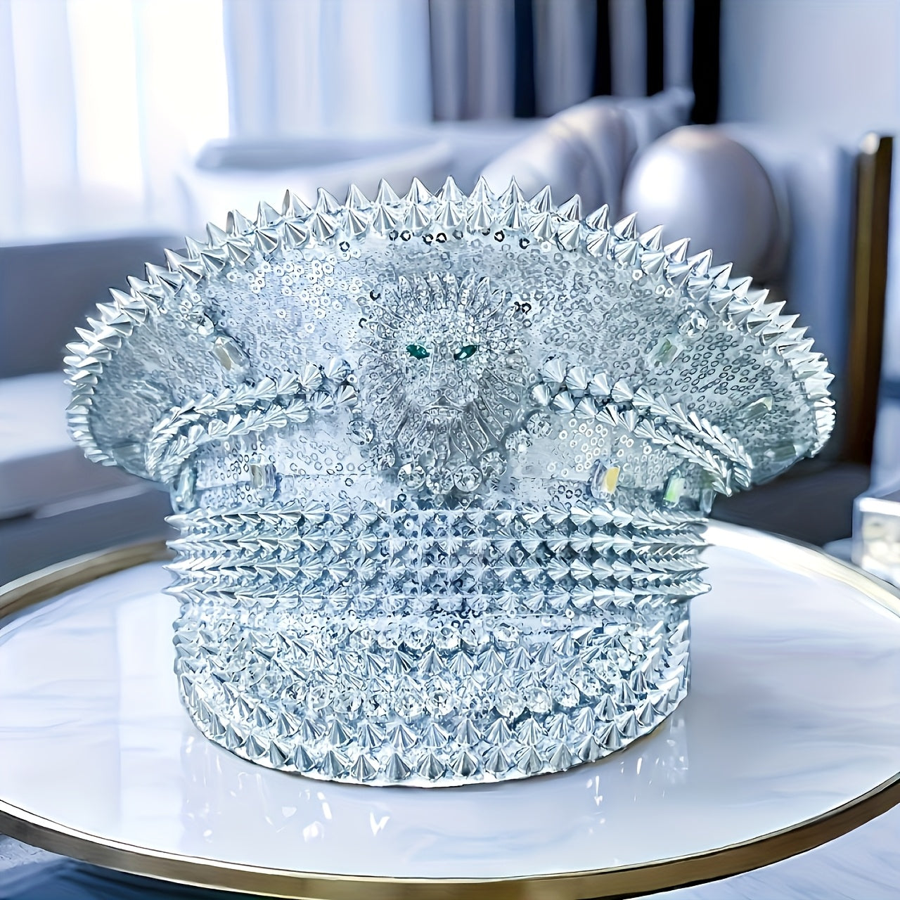 Steampunk Rhinestone Captain Hat with Shiny Lion Emblem - Sparkling Military Party Hat for Raves, Burning Man Music Festivals, and Carnivals - Glitter Silver Costume Accessories for Women and Men, Polyester Material, Carnival