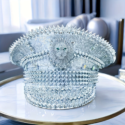 Steampunk Rhinestone Captain Hat with Shiny Lion Emblem - Sparkling Military Party Hat for Raves, Burning Man Music Festivals, and Carnivals - Glitter Silver Costume Accessories for Women and Men, Polyester Material, Carnival