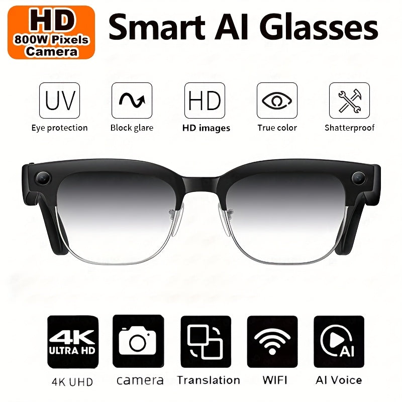New Smart AI Glasses for Photo And Video Recording, with 800W Pixel Ultra-wide Camera, High-definition Video 1080P, Anti-shake for Photography And Video, Blue Light Blocking, Dual-mic Noise Reduction, AI Voice Control, Wi-Fi