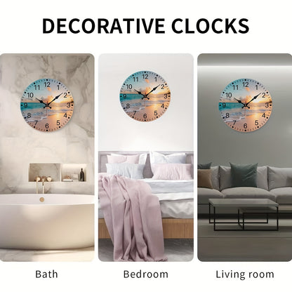 [Wooden Wall Clock] Wooden Wall Clock | Beach Sunrise Design, Silent, for Living Room Bedroom, Room Decor, Office, Christmas New Year Valentine