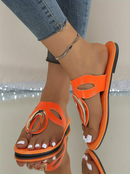 Women'S Roman Sandals with Metallic Buckle Strap - Slip-On Open-Toe Flat Sandals, PU Synthetic Cover Upper & Sole, Comfortable Casual Shoes for Casual Attire, Strappy Sandals, Everyday Footwear, Durable Footwear, Stylish Foot