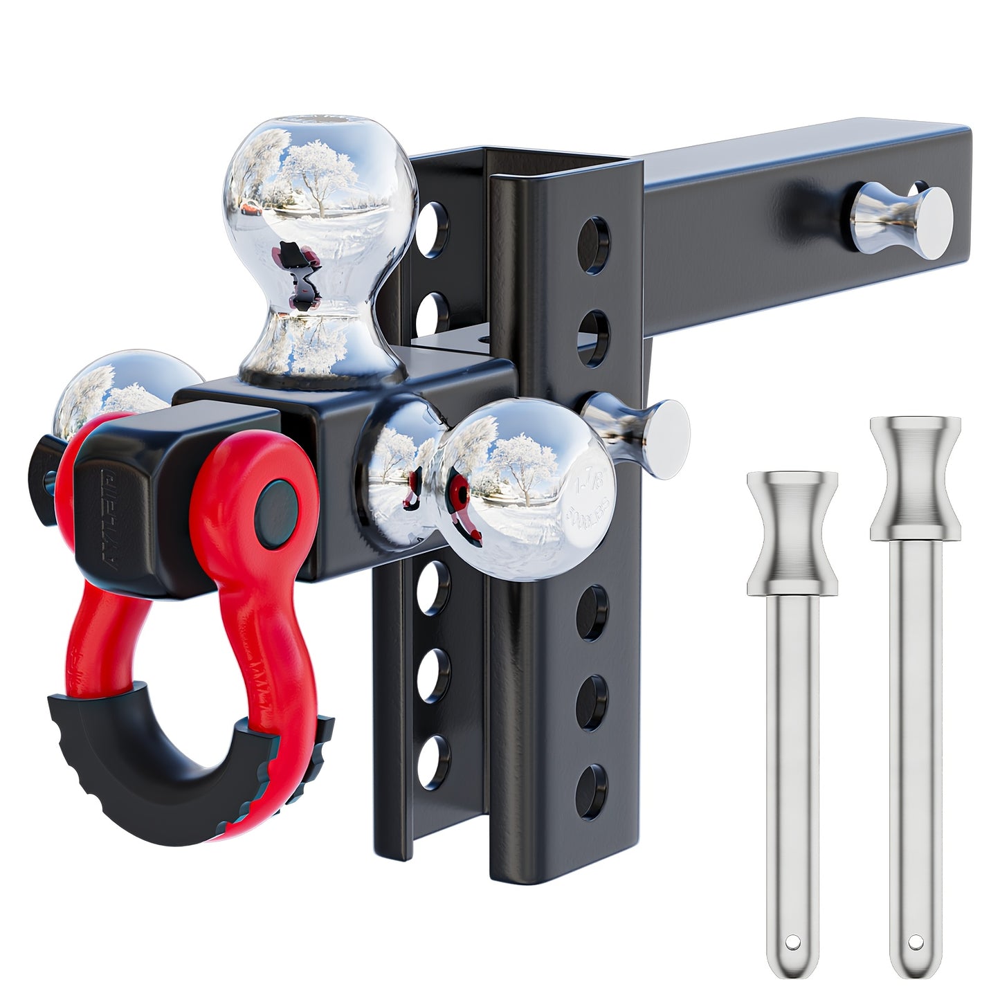 Ayleid Tri-Ball Trailer Hitch Mount with Rotatable Hook & Pin - Includes 3 Replaceable Balls (1-7/8", 2", 2-5/16") - Fits 2" Receiver for Secure Towing, Red Handle & Black Metal Construction