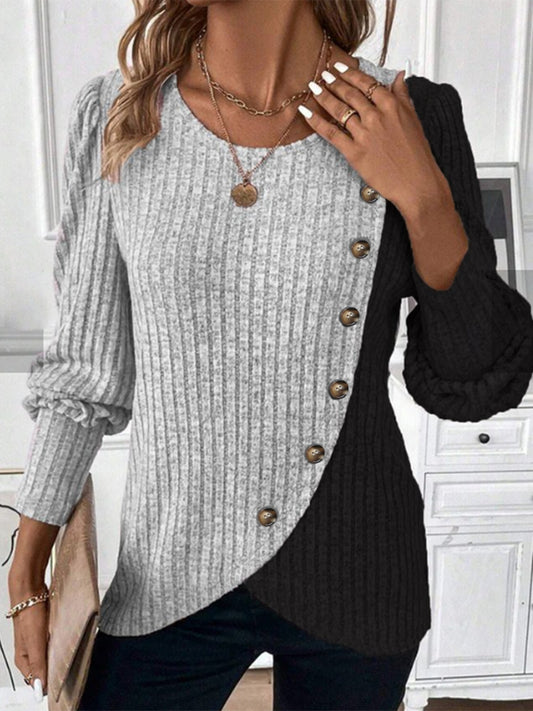 Button-detail Round Neck Long-sleeve Pullover Top with Color-block T-shirt Design