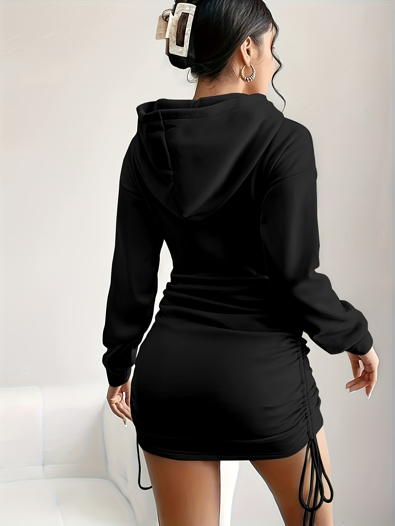 Women'S Black Hooded Bodycon Dress with Drawstring Detail - Los Angeles 91 California Print, Long Sleeve Mini Dress for Fall, Casual Wear Dress | Alphabet Pattern Dress | Polyester Fabric
