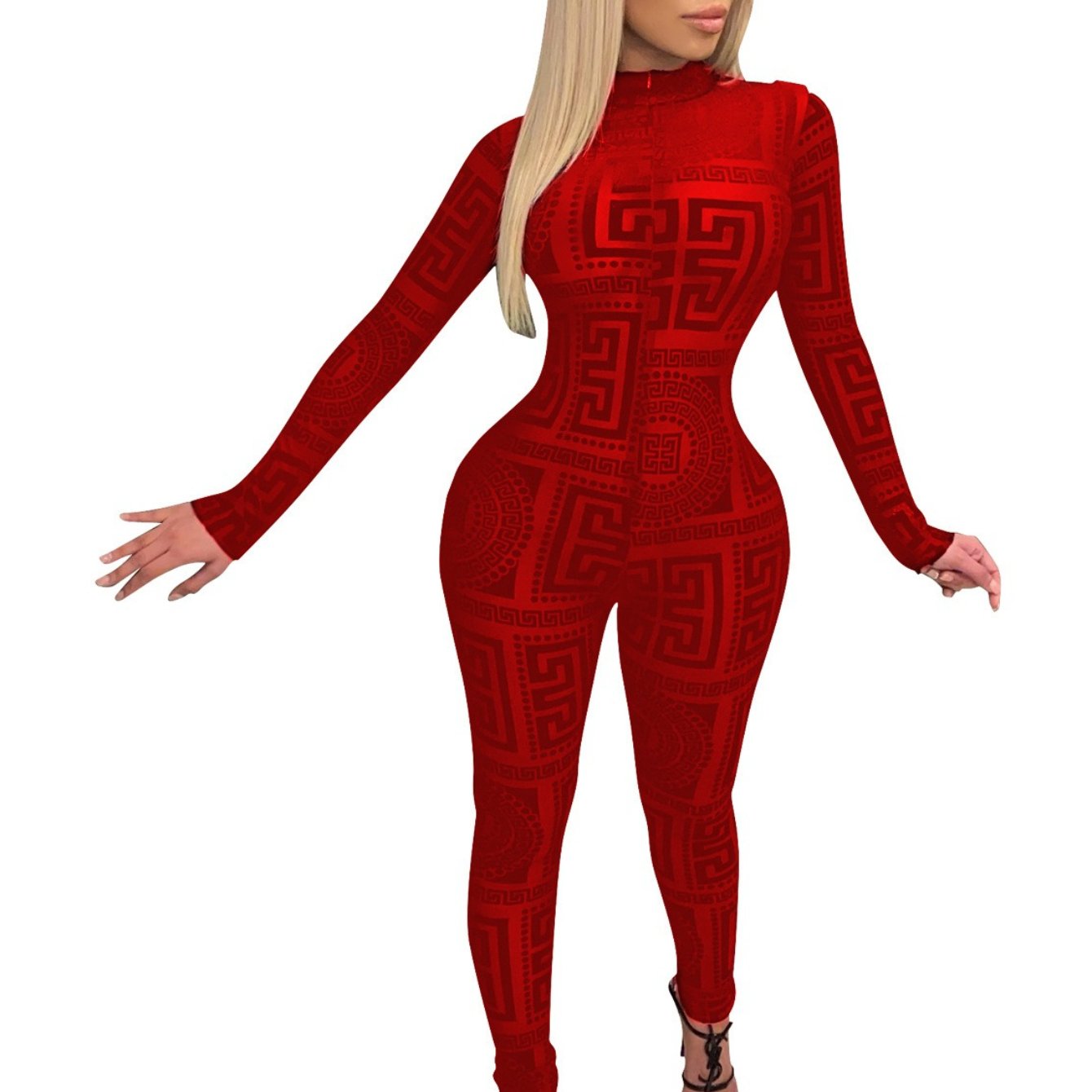 Women's Sexy Sheer Mesh Jumpsuit - Long Sleeve High Neck Bodysuit - Semi-Sheer Transparent Outfit (S-XXL) - Machine Washable All-Season Wear for Parties - Fashion Events - Tight-Fitting Lingerie Suit