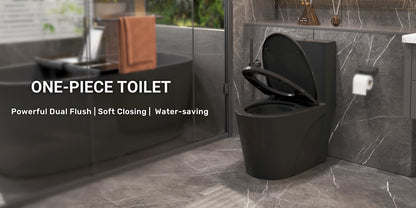 1.1/1.60 GPF Dual-Flush Toilet, Water-Saving Elongated Comfort Height Floor Mounted, Soft Close Seat, 2.2 LB Map Flushing Score Toilet, Matte Black