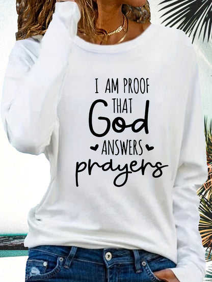 Women's Faith T-Shirt - "I Am Proof God Answers Prayers" Verse Print, Blue Long Sleeve Crew Neck Casual Top, 180gsm Heavyweight Religious Apparel for Church, Casual Attire & Prayer Outfits