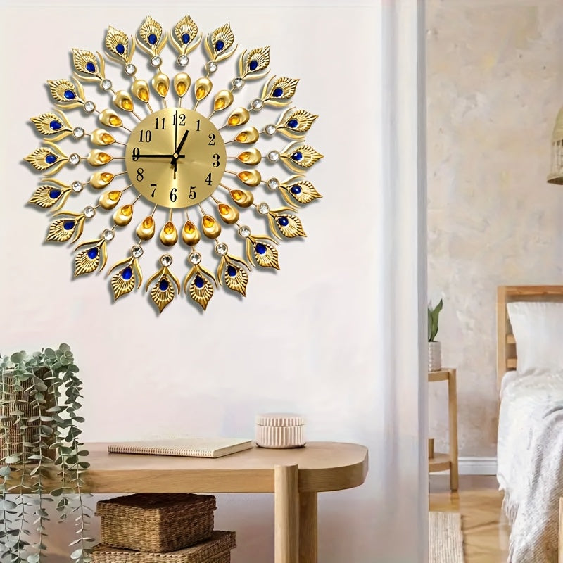 Elegant Peacock Pattern Metal Silent Wall Clock - Modern Minimalist Quartz Movement, No Ticking Sound, Auto Shut-Off, Round Metal Wall Clock with & Golden Peacock, For Living Room, Bedroom, Peacock Decor, Bedroom Accessory, H