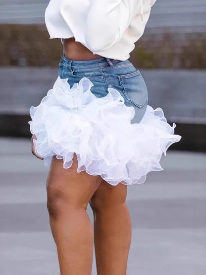 Plus Size, Plus Size Women's Summer 2025 New Tulle Splicing Washed Sexy Denim Skirt Short Skirt