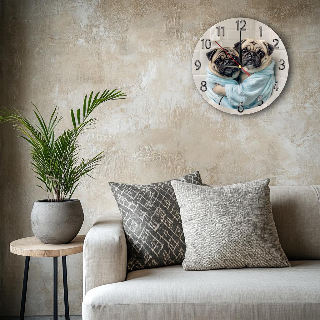 [Silent Operation] Charming Pug-Themed Silent Wooden Wall Clock - Farmhouse Style Round Clock with Adorable Pug Design, Easy-to-Read Numbers, No Ticking Sound, Perfect for Kitchen, Bedroom, or Office Decor, 9.8x9.8 Inches (Ba