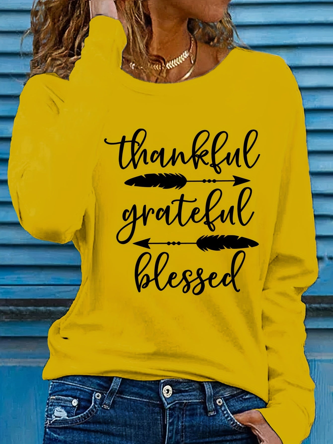 Women's Beige Thankful Grateful Blessed Print Long Sleeve T-Shirt - Loose Fit Round Neck Casual Top with Cursive Lettering & Accent, Soft Comfortable Fabric for Fall Winter Casual Attire, Thanksgiving Christian Apparel, Sprin