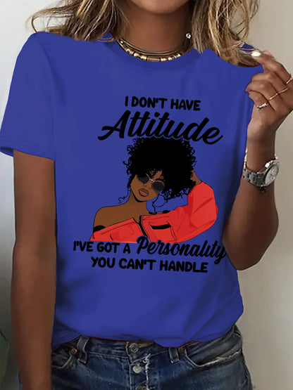 Women's "I Don't Have Attitude" Slogan Graphic T-Shirt - Vibrant Red Short Sleeve Crew Neck Casual Top with Bold Text & Fashion Glasses Design, Machine Washable All-Season Comfort Fit Tee, Fashionforward Look, Durable Fabric