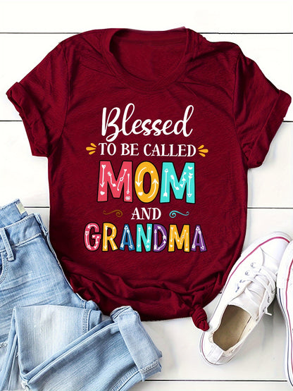 Mom Grandma Print Crew Neck T-shirt, Casual Short Sleeve Top For Spring & Summer, Women's Clothing
